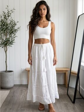 Lightweight White Maxi Skirt with Crochet Panels